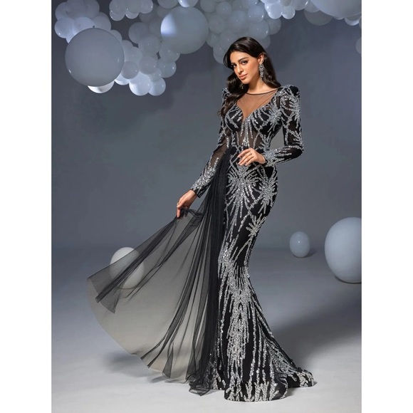 FAERIESTY Gorgeous Graphic Sequin Sheer Overlay Mermaid Hem Evening Dress - Picture 1 of 11